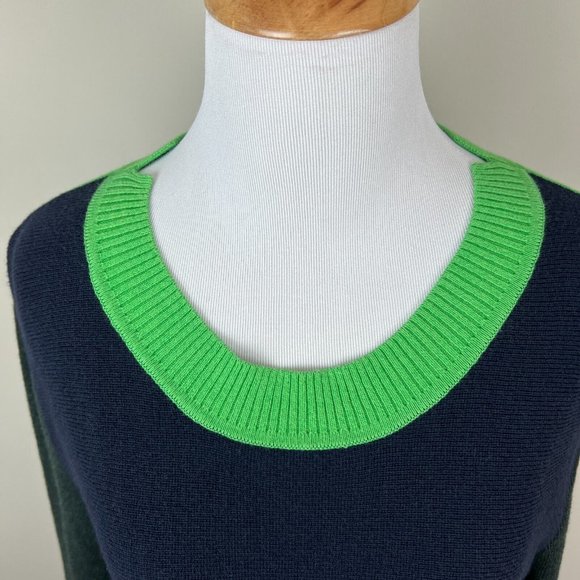 Tome Sweater Women Large Navy Green Colorblock Merino Wool Cotton Slit Peplum - Picture 3 of 15